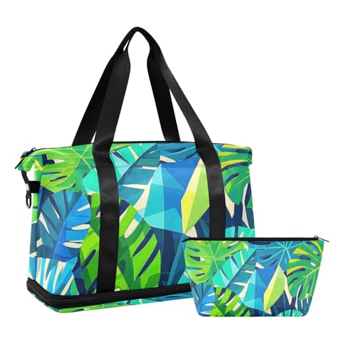 Geometrische abstrakte Palmblatt Sommer Schultertasche Wochenende Sporttasche mit verstellbarem Reiseband 2er Set, Geometrisch abstrakte Palmblatt Sommer, 1 Size, Geometrisches abstraktes Palmblatt von Amooorous