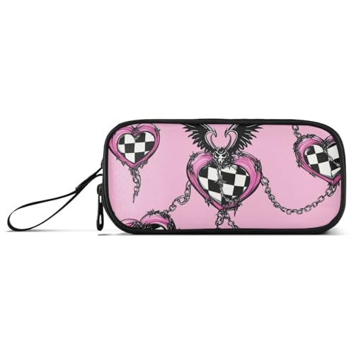 Gothic Pfirsich Schwarz Herz Kariertes Skelett Nylon Mädchen Federmäppchen Große Kapazität Federmäppchen mit Fächern Schule Schreibwaren für Grundschule Erwachsene von Amooorous