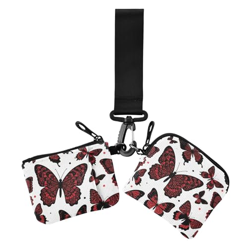 Gothic Red and Black Halloween Lace Butterfly Womens Coin Pouches Card Holder Slim Portable Zipper Cash Coin Purse with Keychain for Woman 2 Pcs, Gothic Rot und Schwarz Halloween Spitze Schmetterling von Amooorous