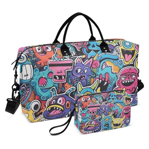 Graffiti Art Trend Play Aufkleber Reise Handtasche Reise Weekender Gear Bag Sport Training Tasche mit Kulturbeutel für Workout Multifunktional, Graffiti-Kunst-Trend-Play-Aufkleber, 1 size von Amooorous