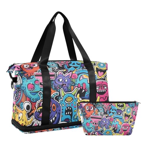 Graffiti Art Trend Play Aufkleber Reisetasche Handgepäck Wochenendtasche mit verstellbarem Gurt für Workout große Kapazität, Graffiti-Kunst-Trend-Play-Aufkleber, 1 size von Amooorous