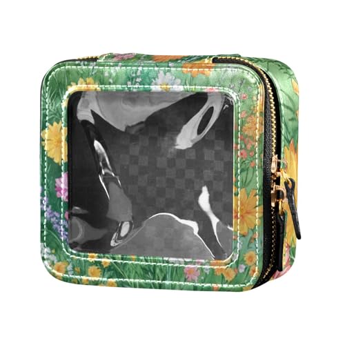 Green Vitality Kosmetiktasche mit Gänseblümchen-Motiv, aus transparentem Leder, tragbar, Make-up-Organizer zum Fliegen von Amooorous