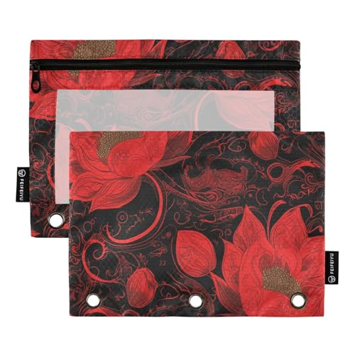 Große Federmäppchen mit Reißverschluss und transparentem Fenster, karminrote Blume, Gothic, großes Federmäppchen mit Reißverschluss, groß und stabil, 3-Ringbuch für Schule, Büro und Zuhause von Amooorous