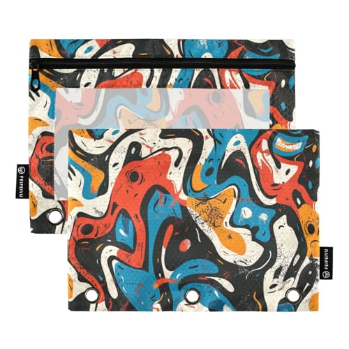 Großer Reißverschluss mit transparentem Fenster, abstrakte Textur, großes und stabiles 3-Loch-Ordner für Klassenzimmer, Schule, Bürobedarf, mehrfarbig, 2 Stück von Amooorous