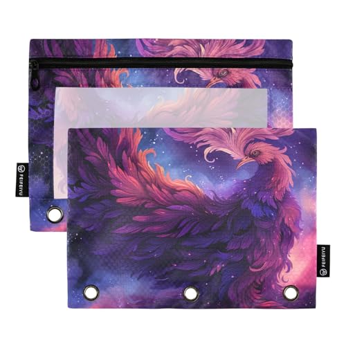 Großer Reißverschluss mit transparentem Fenster, schwarz und lila, Phoenix-Federmäppchen, groß und stabil, 3 Ringe, Reißverschlussbuch für Bürobedarf, mehrfarbig, 2 Stück von Amooorous