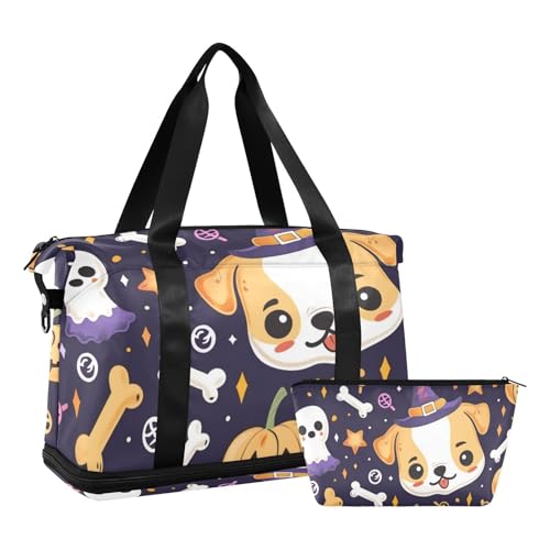 Großer Turnbeutel mit Cartoon-Motiv, niedlich, gelb, Halloween-Hund, Handgepäcktasche mit verstellbarem Gurt, für Trekking, faltbar, Niedlicher gelber Halloween-Hund im Cartoon-Design, 1 size von Amooorous