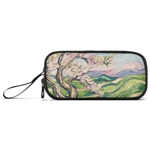 Großes Federmäppchen aus Nylon, Motiv: Ölgemälde, Pfirsichblüte, hohe Kapazität, Federmäppchen mit Reißverschluss, für Schule, Schreibwaren für Büro und Jungen von Amooorous