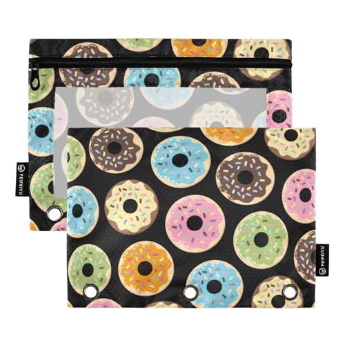 Großes Federmäppchen mit Reißverschluss und transparentem Fenster, Cartoon-Donuts, große und stabile Taschen, 3-fach gelocht, zur Aufbewahrung von Schulen, Studenten, Lehrern, mehrfarbig, 2 Stück von Amooorous