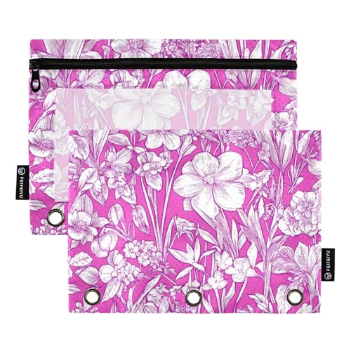 Großes Federmäppchen mit Reißverschluss und transparentem Fenster, Ölgemälde mit violetten Retro-Blumen, Reißverschluss, Federmäppchen mit Reißverschluss, verstärkte Ösen, Ordner, 3 Ringe, für von Amooorous