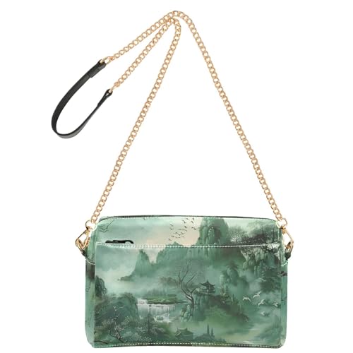Grüne chinesische Landschaftsmalerei, modische Schultertasche für Damen, veganes Leder, Umhängetasche, Reißverschluss, Damen-Schulterhandtaschen von Amooorous