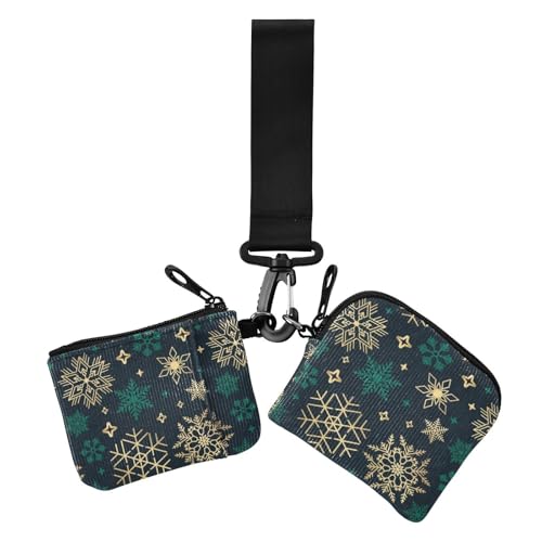 Grüne goldene Weihnachts-Schneeflocken Damen-Doppelgeldbörsen, Visitenkartenetui, klein, abnehmbar, Schlüsselhalter mit Schlüsselanhänger, für Arbeit, Reisen, 2 Stück, Grüne goldene von Amooorous