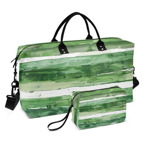Grüne und weiße horizontale Streifen große Tasche Weekender Seesack Turnbeutel mit Kulturbeutel für Trekking Multifunktional, Grüne und weiße Querstreifen, 1 size von Amooorous