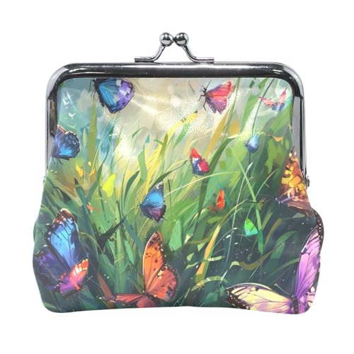 Grünes Gras ist voller bunter Schmetterlinge. Damen-Geldbörse aus Leder, niedliches Münzgeldbörse für Männer, Frauen, Reisen von Amooorous