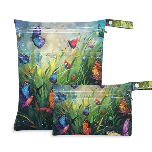 Grünes Gras ist voller bunter Schmetterlinge. Wiederverwendbare Baby-Wickeltasche, 2er-Pack, Reiseutensilien für Babys mit Griffen für Yoga, Reisen von Amooorous