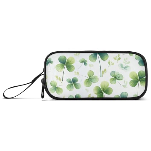 Grünes vierblättriges Kleeblatt-Federmäppchen aus Nylon, großes Fassungsvermögen, großes Federmäppchen mit Reißverschluss, Schreibwarentasche für Büro und Erwachsene von Amooorous
