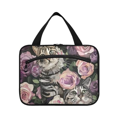 Hängetaschen für Damen, Motiv: Katze umgeben von Rosen, mit Haken, tragbare Designer-Make-up-Tasche für Reisezubehör, Reisezubehör, Cartera para maquillaje L von Amooorous