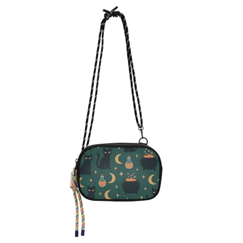 Halloween schwarze Katzen und Mond Muster grün kleine Umhängetasche Damen Komfort mit Kreditkartenfächern kleine schwarze Geldbörsen Have a meal bolsos pequenos para mujer von Amooorous