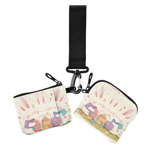 Happy Easter Cartoon Cute White Rabbit Damen Dual Wallets Visitenkartenetuis Minimalistische Kartenetui Geld Organizer mit Reißverschlusstasche für Frauen 2 Stück, Frohe Ostern Cartoon niedliches von Amooorous