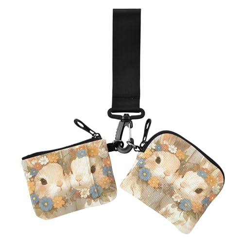 Happy Easter Cartoon Cute White Rabbit Damen Dual Wallets Visitenkartenetuis Slim Detachable Visitenkartenetui Geld Organizer mit Reißverschluss Münzfach für Arbeit Reisen 2 Packungen, Frohe Ostern von Amooorous