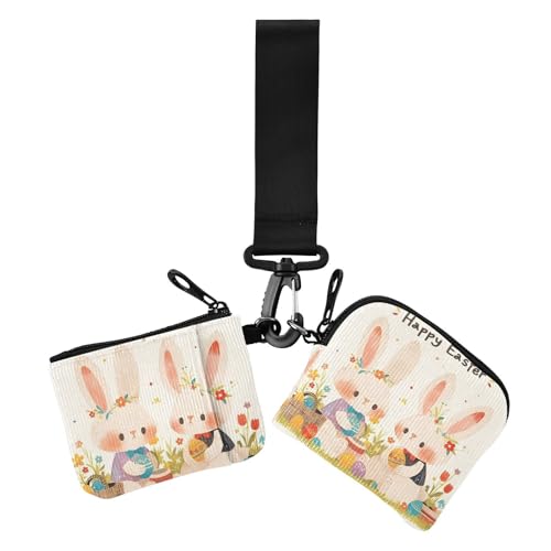 Happy Easter Cartoon Cute White Rabbit Damen Dual Wallets Visitenkartenetuis Slim Portable Kreditkartenetui mit Handgelenkschlaufe für Frauen 2 Stück, Frohe Ostern Cartoon niedliches weißes Kaninchen von Amooorous