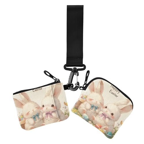 Happy Easter Cartoon Cute White Rabbit Damen Geldbörsen Kartenetuis Slim Portable Wristlet Wallet Schlüsselhalter mit Handgelenkschlaufe für Arbeit Reisen 2 Stück, Frohe Ostern Cartoon niedliches von Amooorous