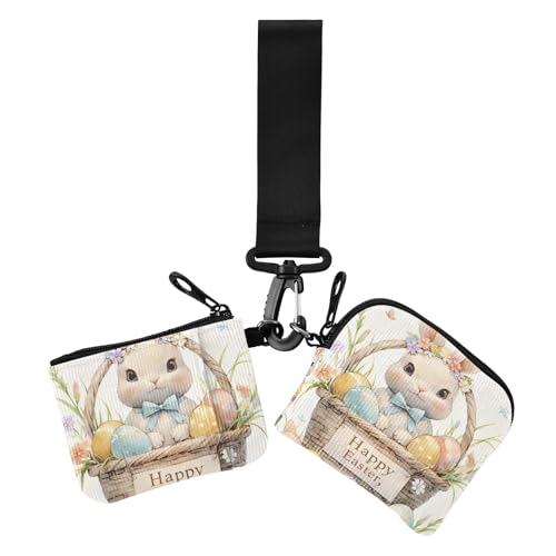 Happy Easter Cartoon Cute White Rabbit Damen Kartenetuis Kleingeldhalter Dünn Flach Ausweis-Schutz mit Schlüsselanhänger für Frauen 2 Packungen, Frohe Ostern Cartoon niedliches weißes Kaninchen, 1 von Amooorous