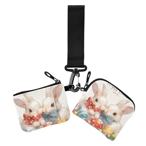 Happy Easter Cartoon Cute White Rabbit Damen Münzgeldbörsen Kartenetuis klein tragbar Damen Geld Organizer mit Schlüsselanhänger für Frauen 2 Stück, Frohe Ostern Cartoon niedliches weißes Kaninchen, 1 von Amooorous