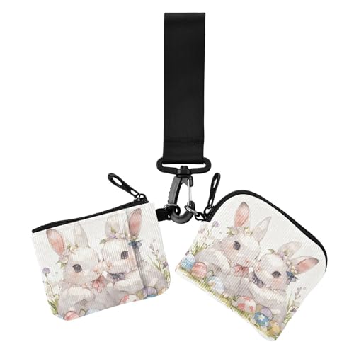 Happy Easter Cartoon Cute White Rabbit Dual Coin Purse Credit Card Holder Wallet Thin Flat Wristlet Wallet Key Holder with Keychain for Women 2 Pcs, Frohe Ostern Cartoon niedliches weißes Kaninchen, 1 von Amooorous