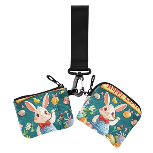 Happy Easter Cartoon Cute White Rabbit Flowers Dual Coin Purse Credit Card Holder Wallet Slim Detachable Card Money Holder with Zipper Coin Pocket for Women 2 Pcs, Frohe Ostern Cartoon süße weiße von Amooorous