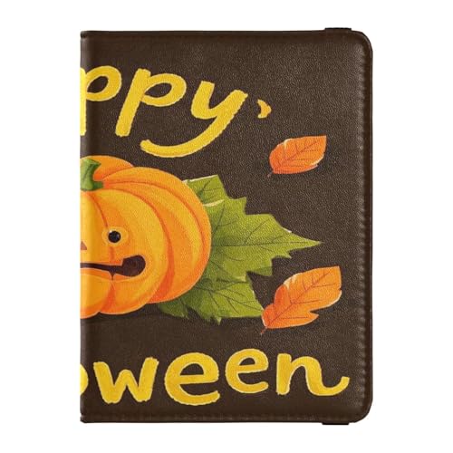Happy Halloween Cartoon niedlicher gelber Kürbis Leder dekorative Reisepasshülle für Frauen Impfkartenhalter Hülle Combo Reisepass Brieftasche mit Impfkartenfach Ultra Slim, Süßer gelber Kürbis, 1 von Amooorous