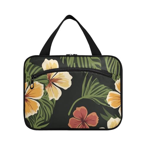 Hawaii gelbe Blumen Reen Blätter Hängetasche für Frauen mit Haken, Designer waschbare Hautpflege-Tasche für Reisezubehör für Frauen Hotel Bolso de para Mujer L von Amooorous