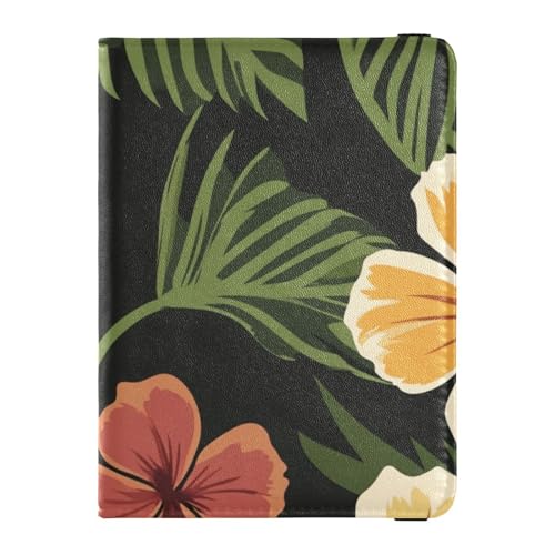 Hawaii gelbe Blumen Reen Blätter Leder dekorative Reisebrieftasche Damen Reisepasshülle Combo Reisedokumente Brieftasche Ultra Slim, Hawaii gelbe Blumen Reen Blätter, 1 size von Amooorous