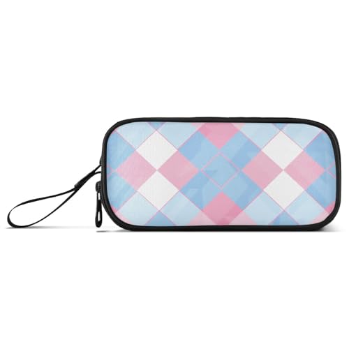 Hellblau und Blush Karomuster Nylon Big Pencil Bag Große Kapazität Federmäppchen mit Fächern Schreibwaren für High School Mädchen von Amooorous