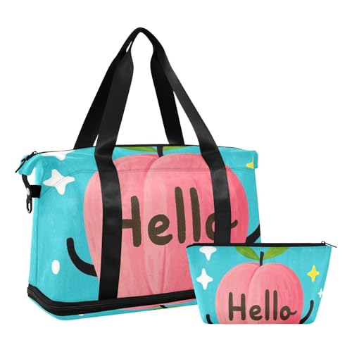 Hello Cartoon Cute Pink Peach Large Travel Bag Large Carry On Bag with Toiletry Bag for Trekking Waterproof, Hello Cartoon süßer rosa Pfirsich, 1 size von Amooorous