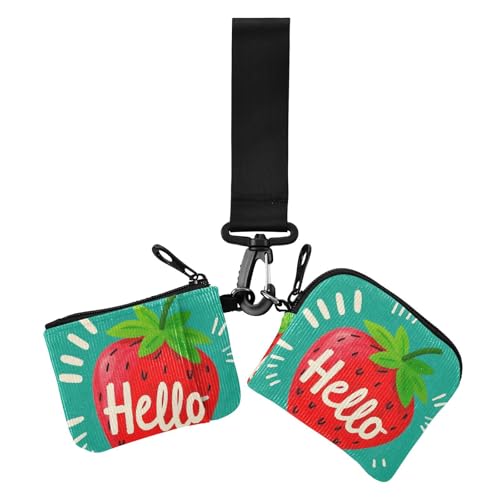 Hello Cartoon Cute Red Strawberry Dual Coin Purse Credit Card Holder Wallet Slim Detachable Women Credit Card Case Coin Purse with Wristlet Strap for Daily Use 2 Pcs, Hello Cartoon süße rote Erdbeere von Amooorous