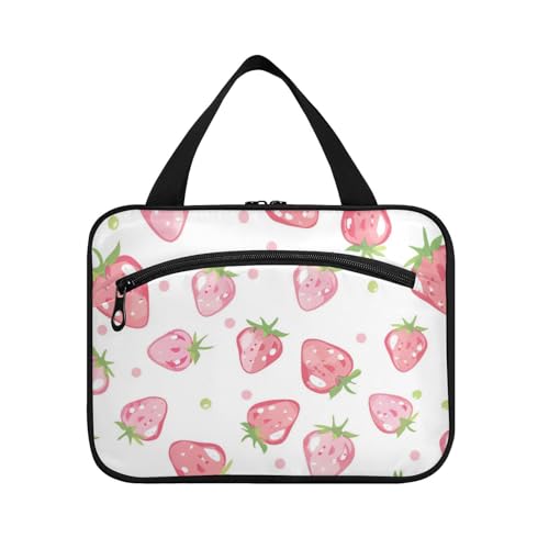 Herren-Kulturbeutel mit Haken, Motiv: rosa Erdbeeren auf weißem Hintergrund, schicke Designer-Kosmetiktasche für Reisende, Hotel, Bolso, Viajero, Para, Mujer, L von Amooorous