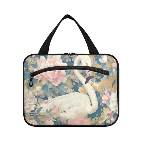 Herren-Kulturbeutel mit Haken, Motiv: weiße Flamingos und rosa Pfingstrosen, mit Haken, Designer-Make-up-Tasche zum Aufhängen, für Reisen, Muss für Reisen, Bolsas para maquillaje L von Amooorous