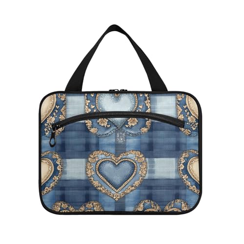 Herren-Kulturbeutel mit Haken, blaue Herzen, kariert, braun, Spitze, zum Aufhängen, wasserdicht, Make-up-Kosmetiktasche für Mutter, Toilette, Brochas, Maquillaje L von Amooorous