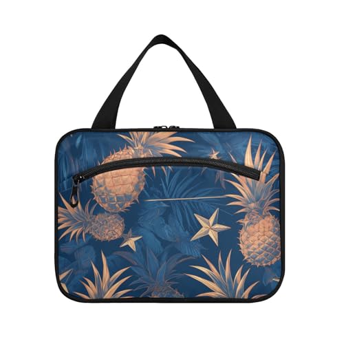 Herren-Kulturbeutel mit Haken, wasserdichte Designer-Tasche für Make-up, für Damen, Motiv: Ananas, Blau und Gelb, Größe L Herren-Kulturbeutel mit Haken, wasserdichte Designer-Tasche für Make-up, für Damen, Motiv: Ananas, Blau und Gelb, Größe L von Amooorous