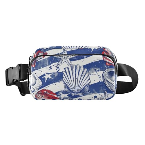 Hüfttasche mit Elementen der amerikanischen Flagge, trendige Bauchtasche für Damen und Herren, große Kapazität, Crossbody-Gürteltasche mit verstellbarem Riemen für Reisen, Urlaub, Laufen, Muscheln mit von Amooorous