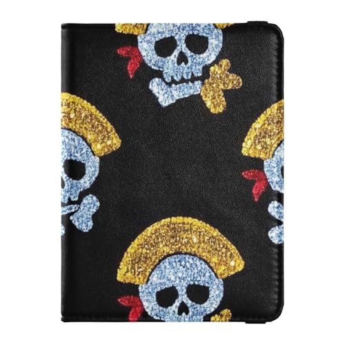 Impfhülle mit künstlichem Glitzer-Cartoon-Piratenschädel aus schwarzem Leder, dekorativer Reisepasshalter für Herren, Impfhülle, Dokumenten-Organizer, Zubehör, ultradünn, Gefälschter von Amooorous