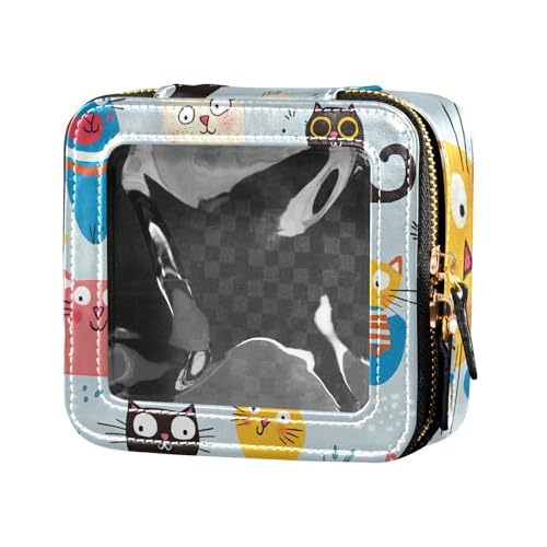 Kosmetiktasche aus Leder, Cartoon-Design, niedlich, Boho-Stil, Katze, bunt, transparent, klein, für Geldbörse, Kulturbeutel, Make-up-Organizer für Reisen von Amooorous