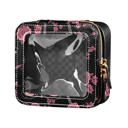 Kosmetiktasche aus Leder, Gothic-Rosen mit Gitarre, wasserdicht, transparent, Kulturbeutel, Nagellack-Organizer-Tasche für Reisen von Amooorous