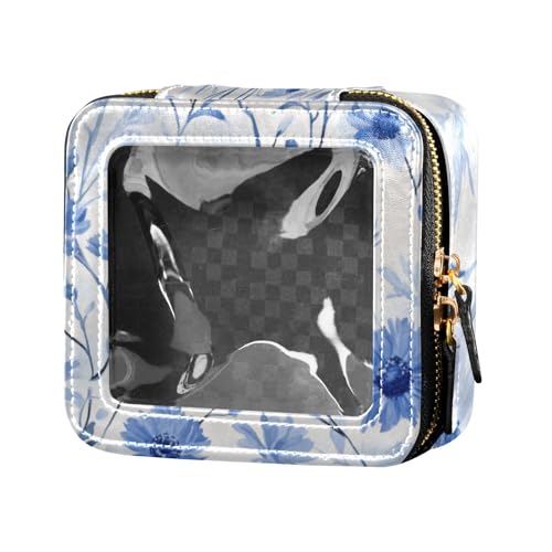 Kosmetiktasche aus Leder, Motiv: Frühlingsblumen, blaue Gänseblümchen, transparent, Make-up-Organizer für Reisen von Amooorous