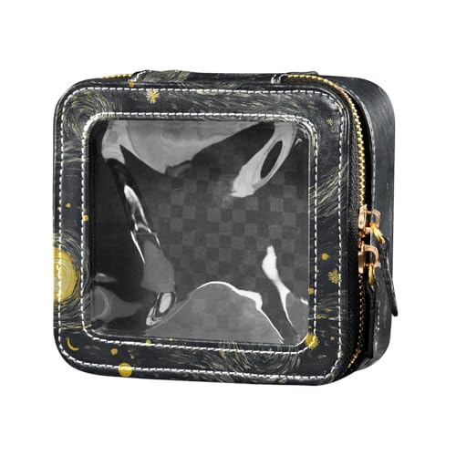 Kosmetiktasche aus Leder, Motiv: Sternenhimmel, Gelb und Schwarz, Kulturbeutel, Make-up-Organizer zum Fliegen von Amooorous