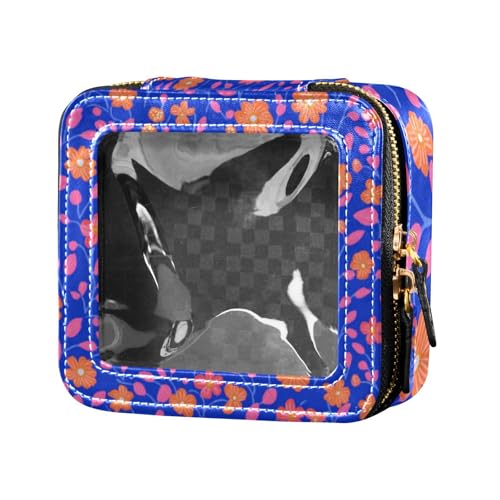 Kosmetiktasche aus Leder, klein, Korallenblumen, blauer Hintergrund, durchsichtig, Kosmetiktasche, tragbarer Make-up-Organizer für Fliegen von Amooorous