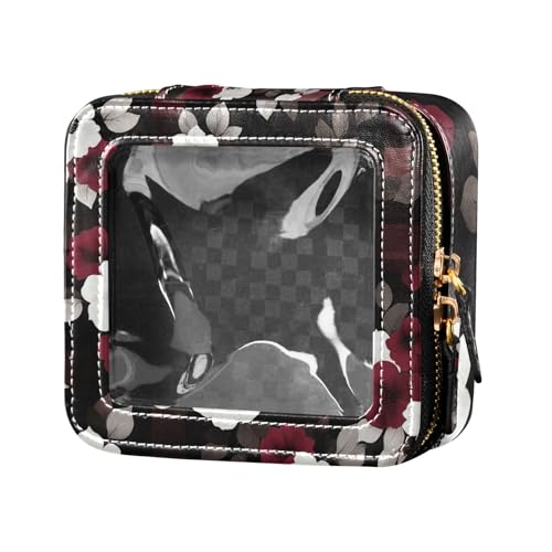 Kosmetiktasche aus Leder, mit roten und blauen Blumenmuster, transparent, Kulturbeutel, Nagellack-Organizer-Tasche für Reisen von Amooorous