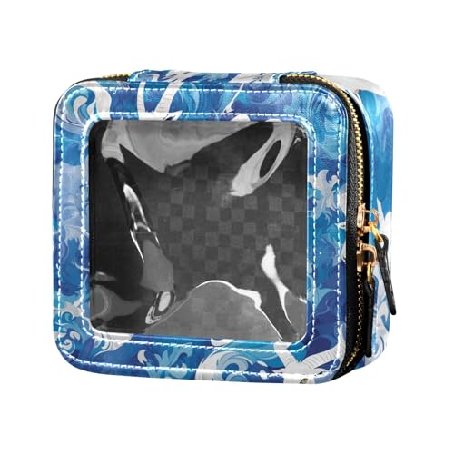Kosmetiktasche aus Leder, wasserdicht, transparent, Motiv: Ziegen, blaue Wellen, Make-up-Tasche, Organizer für Reisen von Amooorous
