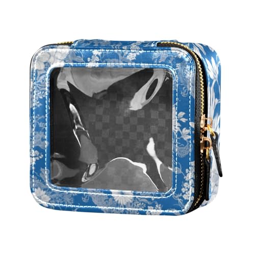 Kosmetiktasche aus transparentem Leder, Boho-Blumen, Mini-Make-up-Behälter für Damen, Blau / Weiß von Amooorous