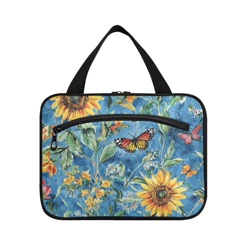 Kosmetiktasche für Damen, Ölgemälde mit gelben Retro-Sonnenblumen, zum Aufhängen, mit Haken, Designer-Chic-Rasierset, Tasche für Männer und Frauen, Reisen, Fitnessstudio, Bolsa para maquillaje L von Amooorous